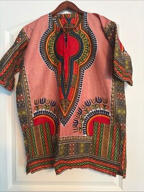 Unbranded Men's Short Sleeve Dashiki Shirt - Pink with Multicolor Print